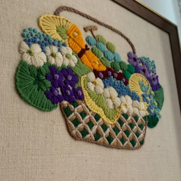 Floral Basket Embroidered Wall Art | Vintage Handmade | 12”x 15” - Picture 2 of 6